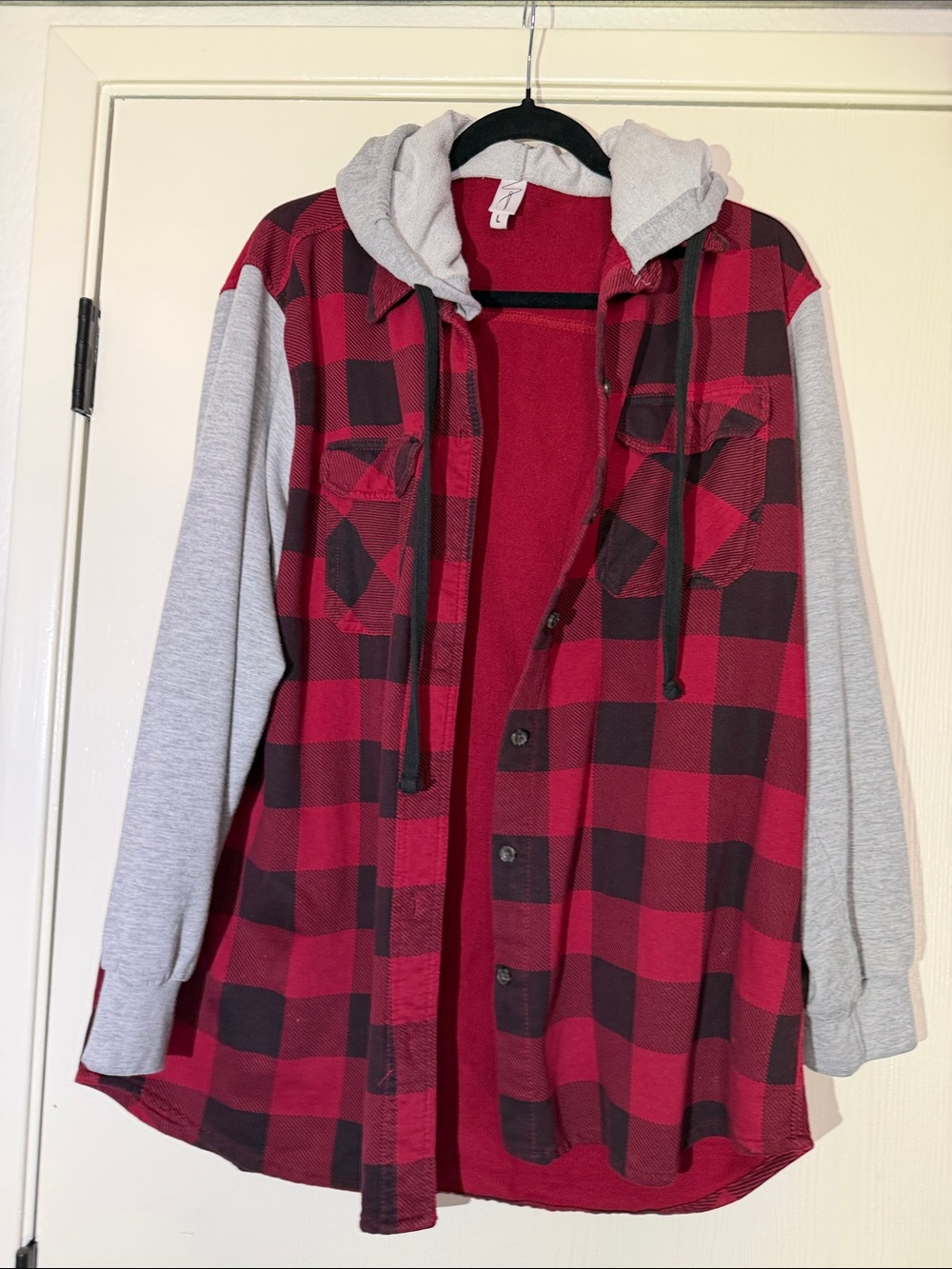 Sew In Love Red and Black Plaid Utility Jacket with Gray Hoodie Sleeves